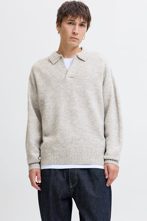 Jack & Jones Soho Ollie Knit Split Neck Light Grey Melange