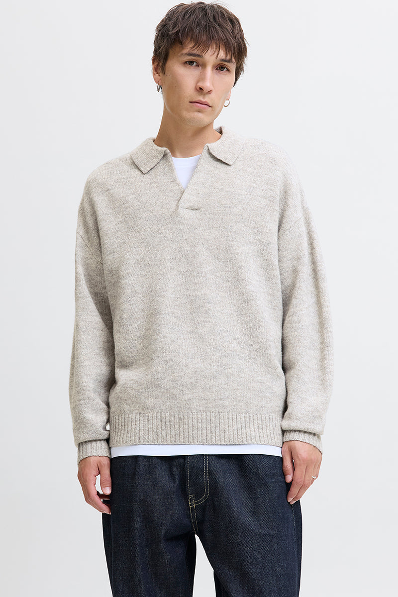 Jack & Jones Soho Ollie Knit Split Neck Light Grey Melange