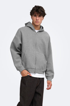 ONLY & SONS Goyle Box Fit Scuba Zip Hoodie Medium Grey Melange