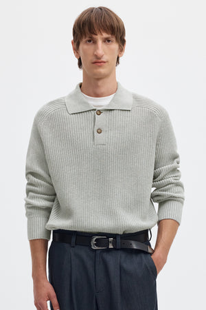 Selected Pim Knit Polo Camp Light Grey Melange