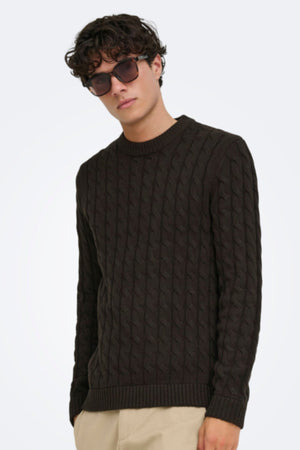 Only & Sons Kicker Cable Knit Crew Neck Coffee Bean