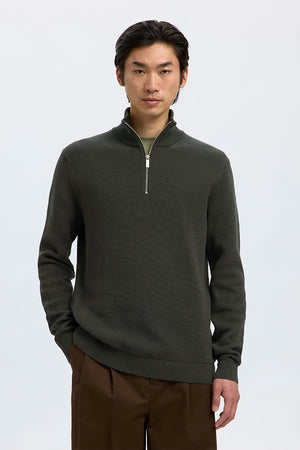 Selected Dane LS Structure Knit Kalf Zip Deep Forest