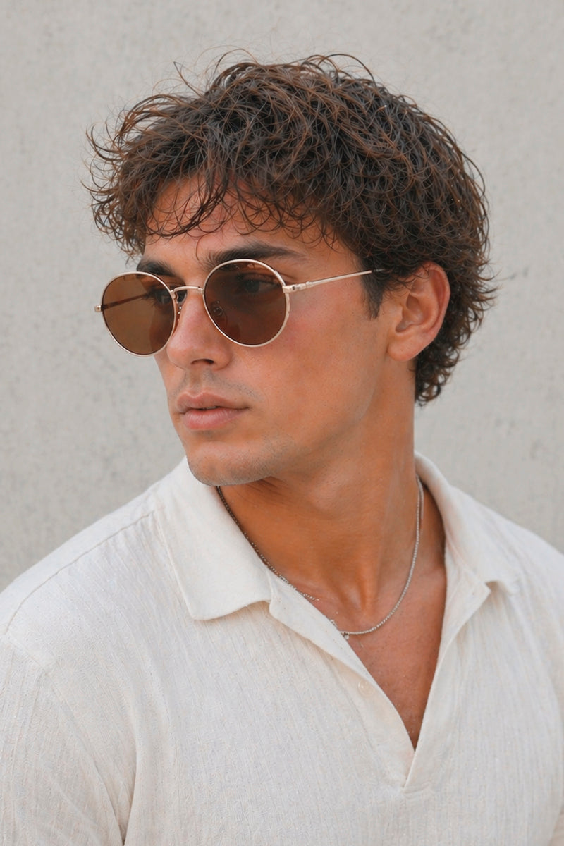CBA Classic Round Metal Sunglasses 8250 Gold Brown