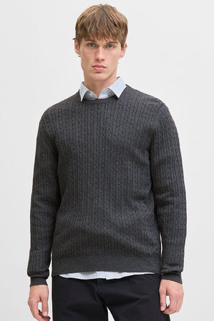 Jack & Jones Emil Knit Cable Crew Neck Dark Grey Melange
