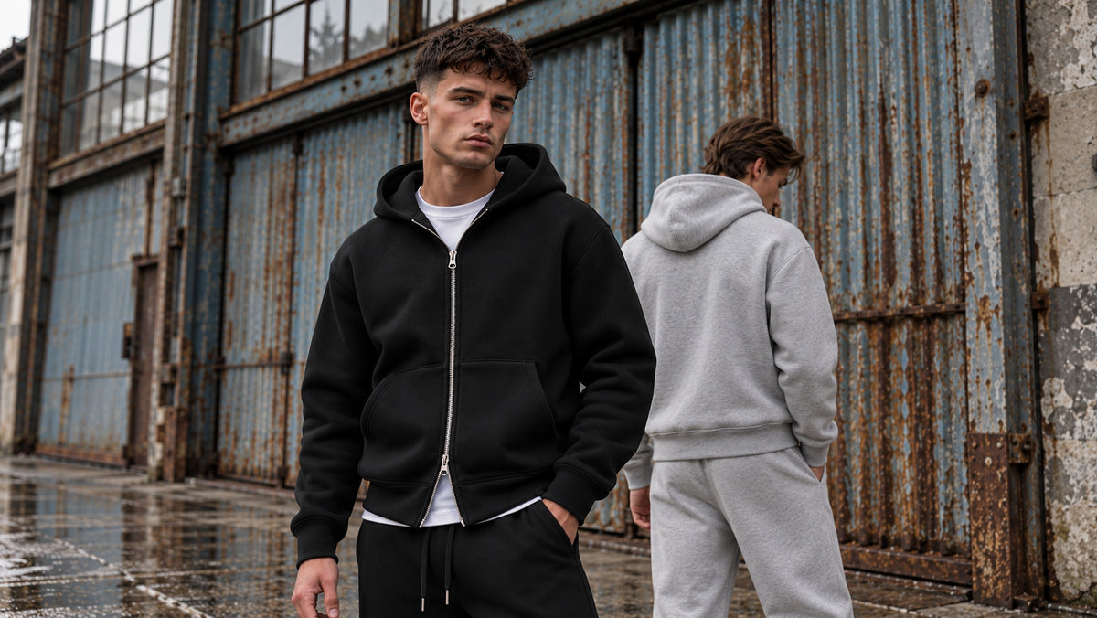 To mænd i Jack & Jones Legacy Scuba hoodie og sweatpants i sort og lysegrå